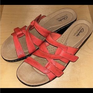 %SUPER SALE% Clarks Merliah Karli Slip-on Strappy Sandals Coral Leather